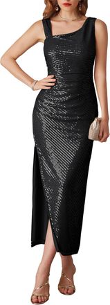 Grace Karin Women Long Sequin Dress Sleeveless Asymmetrical Neckline Hip Dresses Black XXL
