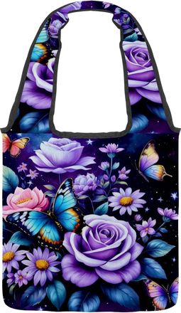 Generic Butterfly Purple Rose Reversible Canvas Shoulder Tote - Double-Sided Print, 12oz Cotton, 27cm Drop, Fold-Flat Bag for Travel, Shopping, Street Outings