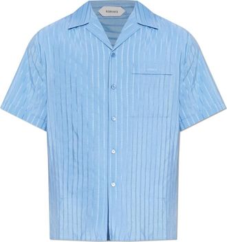 Versace Jacquard Katoen-Zijde Regular Shirt - Heren - Korte mouwen Overhemden - Blauw - M - Katoen - Overhemden