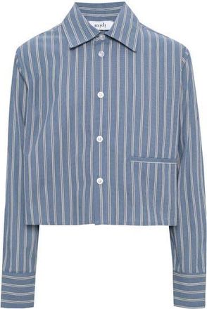 Midi Cropped Striped Button Front Box Pleat Blouse in Denim at Nordstrom, Size Medium