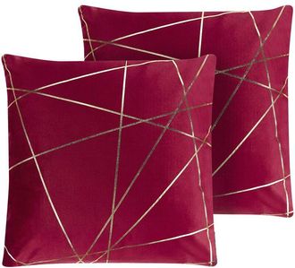 Beliani Conjunto De 2 Cojines Decorativos Terciopelo Rojo Patr&oacute;n Geom&eacute;trico Dorado 45 X 45 Cm Fundas Extra&iacute;bles Cierre De Cremallera Estilo Glamuroso Pinus