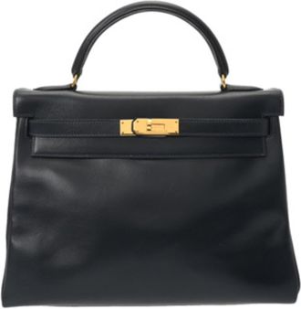 Herm&egrave;s Kelly Navy Box Calf Leather Shopping Bag (Pre-Owned)