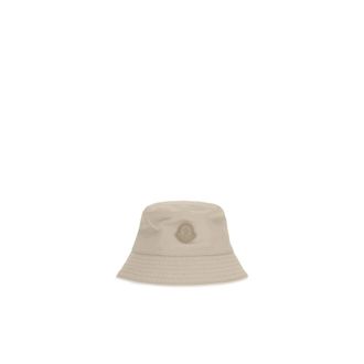 Moncler Hats, male, Beige, Size: ONE SIZE Leather Logo Cotton Blend Bucket Hat