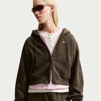 Nike Womens Studio Fleece Medium Weight Oversized Full-Zip Cropped Hoodie in Brown | IM8499-212