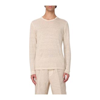 120% Lino 120% Lino, Long Sleeve Tops, male, Beige, Size: XL Long Sleeve Linen T-Shirt