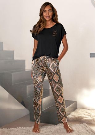 Lascana Pyjama LASCANA, Damen, Gr. 32, schwarz (schwarz, allover), Satin, Obermaterial: 95% Polyester, 5% Elasthan. T-Shirt: 95% Viskose, 5% Elasthan, Paisley