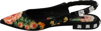 Dolce & Gabbana Womens Black Floral Crystal Slingbacks Flats Shoes Viscose