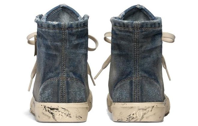 Balenciaga Paris High Top Sneakers Blue Destroyed Denim and Rubber