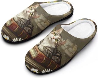 Generic Cat Book Womens Slippers Warm House Slippers Indoor House Shoes with Anti-Skid Rubber Sole