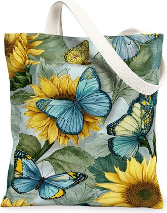 Generic Butterfly Sunflower Canvas Tote Bags, Floral Nature Pattern Reusable Grocery Bags, Summer Vintage Lightweight Washable Shou, Blue, 13x15 Inch