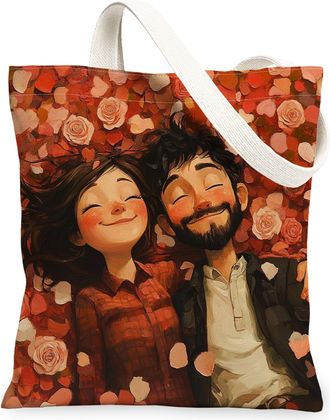 Generic Romantic Valentines Day Angel Canvas Tote Bag for Shopping 13x15, Rose Man and Wife Couple Reusable Grocery Print Bag for Women, Love Lover Beach Aest