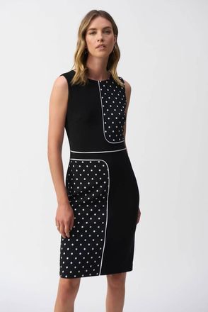 Joseph Ribkoff Polka Dot Sleeveless Sheath Dress In Black/vanilla