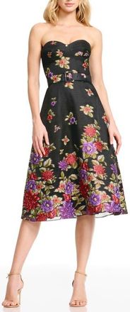 Dress The Population Carlita Belted Floral Strapless Cocktail Dress in Black Multi at Nordstrom, Size Xx-Small
