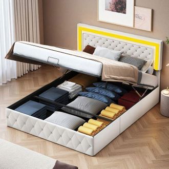 OEM Estructura De Cama 160x200 Cm, Dzw, Cama Doble, Cama Para Adultos, Con Led, Terciopelo Beige