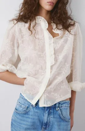 Mango Floral Embroidery Woven Shirt in Ecru at Nordstrom, Size 10