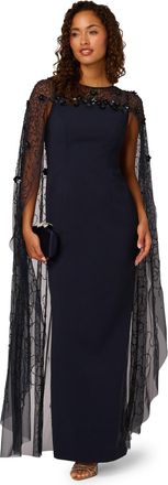 Adrianna Papell Womens Bead Cape Crepe Long Dress - Blue - Size 10 UK