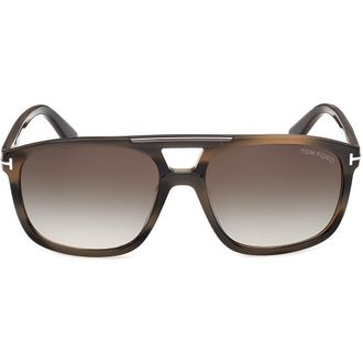 Tom Ford Brianna 58mm Gradient Navigator Sunglasses in Shiny Khaki Green Havana Shiny Palladium /t/Logo /Gradient Smoke Lens at Nordstrom