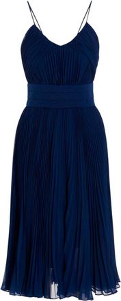 Max Mara Blue Pleated V Neck Midi Dress