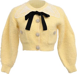 Self Portrait Bow And Faux-Pearl Embellished Cardigan in Yellow Polyamide