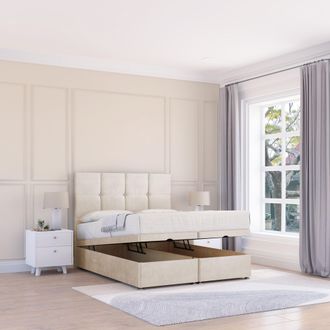 Sloomy Jasmine Plush Fabric Ottoman Bed End Opening With Sprung Memory Mattress & 26 Inch strut Headboard in Cream | Size: Super King