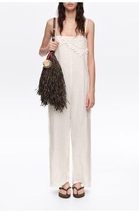 Bimba & Lola Linen Crochet Neckline Jumpsuit in White at Nordstrom, Size Xx-Small Eu