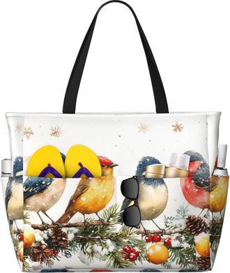 Generic Winter Birds Print Large Beach Bag Foldable Travel Shoulder Tote Bag With Pocket For Weekender Pool Vacation