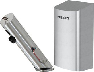 Presto Grifo Mezclador Infrarrojo Con Llave De Paso + Secador De Manos Presto Linea, Acero Inoxidable Cepillado