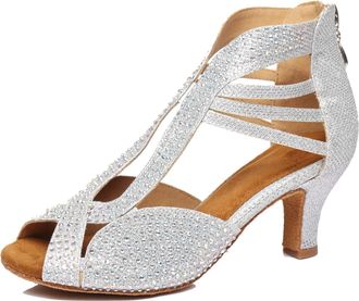 Minitoo Womens Latin Salsa Crystals Studded Glitter Zip Dancing Shoes Wedding Ankle Sandals L417 Silver 6cm Heel UK 7