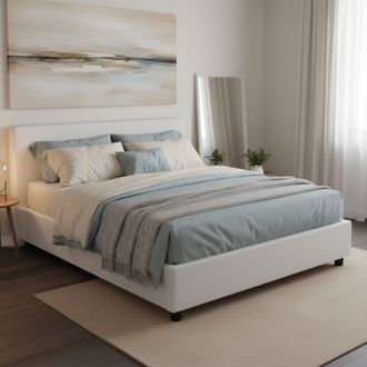 Dmora Cama Matrimonial Carlotta, Cama Contenedor Con Tapizado En Ecopiel, 100% Made In Italy, Apertura Frontal, Con Colch&oacute;n Cm 160x200 Incluido, Blanco, Con