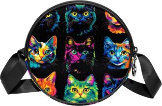 Generic Circle Crossbody Bag for Women, Vibrant Colorful Cat Small Sling Bag Daypack with Zipper Adjustable Shoulder Straps Casual Ladies Girls Round Purse