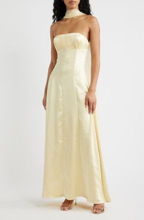 Princess Polly Masterpiece Pleated Strapless Satin Gown in Yellow at Nordstrom, Size 10
