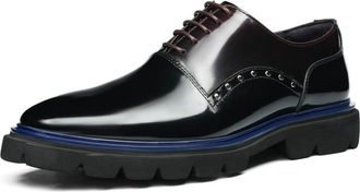 Generic Mens Patent Leather Vintage Brogues Lace Up Formal Shoes Low Chunky Heel Platform Dress Shoes,Black,7.5 UK