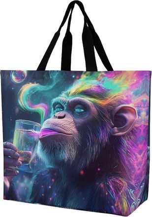 Generic Monkey Is Smoking Reusable Shopping Bags One Shoulder Grocery Tote Bag Waterproof Big Purse for Work Travel