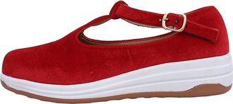 Generic Wedge Shoes for Women Comfortable Casual Shoes Round Toe Solid Color Fashionable Non-Slip Walking Shoe with Buckle Strap Leisure Shopping Red