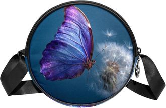 Generic Circle Crossbody Bag for Women, Purple Butterfly Dandelion Small Sling Bag Daypack with Zipper Adjustable Shoulder Straps Casual Ladies Girls Round Pu