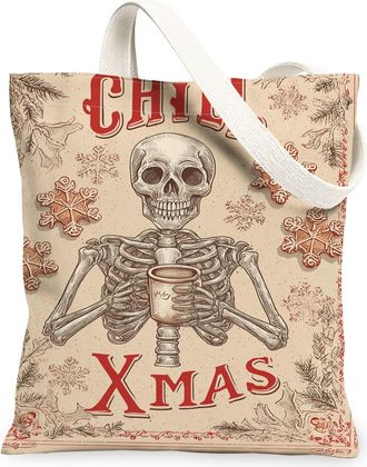 Generic Christmas Skeleton Canvas Tote Bags, Holiday Design Reusable Shopping Bags, Vintage Lightweight Washable Shoulder Strap Can, Beige, 13x15 Inch