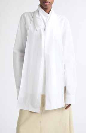 EENK Layered Scarf V-Neck Cotton Blouse in White at Nordstrom, Size X-Small