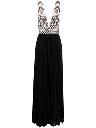 Elisabetta Franchi rhombus-embroidered V-neck gown - Neutrals