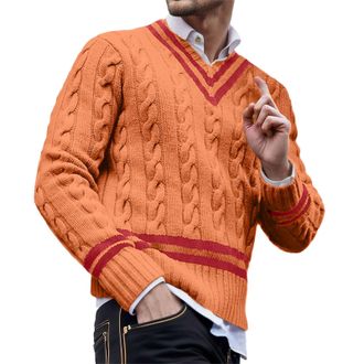 Generic Mens Jumper V Neck, Sweaters for Men UK Fisherman Knitted Warm Winter Jumpers Textured Ribbed Long Sleeved Pullover Casual Comfortable Soft Tops Yello