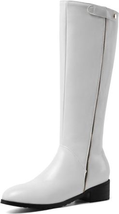 Generic Womens Knee High PU Leather Look Riding Boots Round Toe Block Heels Side Zipper Comfortable Durable Slip Resistant Casual Office Party Daily Shoes,Whi