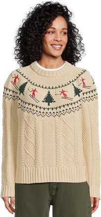 L.L.Bean Signature Cotton Fisherman Crewneck Novelty Sweater Womens Sweater Sailcloth Skier Fair Isle : SM