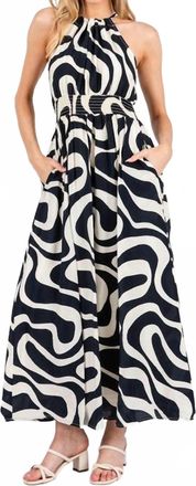 Calista Navy Print Smocked Waist Halter Neck Back Tie Maxi Dress