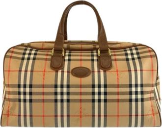 Burberry Pre-owned Check Canvas Leather Boston Bag - Dames - Vintage Weekendtas - Beige - ONE Size - Leer - Vintage