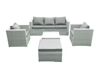 Fimous 6 Seater Rattan Garden Furniture Set with 3 Seater Sofa 2 Chair Square Coffee Table Big Footstool Light Grey Mixed