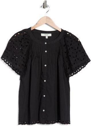 Joie Embroidered Eyelet Short Sleeve Button-Up Top in Black at Nordstrom Rack, Size X-Small