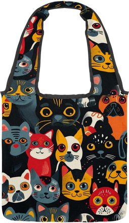 Generic Cute Abstract Cat Reversible Canvas Shoulder Tote - Double-Sided Print, 12oz Cotton, 27cm Drop, Fold-Flat Bag for Travel, Shopping, Street Outings