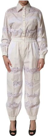 Dolce & Gabbana Cotton Lace-Trim Long-Sleeve Jumpsuit - Dames - Jumpsuits - Wit - S - Katoen - Jumpsuits & Playsuits