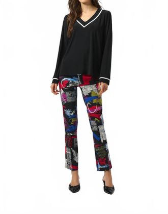 Joseph Ribkoff V-Neck Contrast Trim Straight Top In Black/vanilla