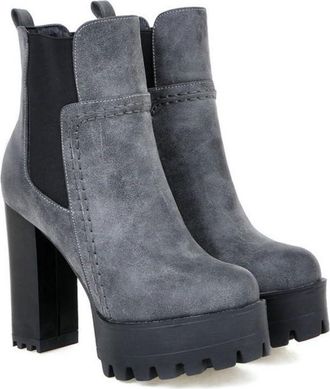Generic Womens Suede Chunky Platform Heel Ankle Boots with Elastic Gore, Autumn/Winter Chelsea Style,Gray,6.5 UK