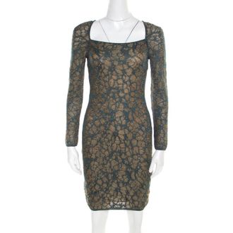 M Missoni Blue Floral Jacquard Lurex Knit Long Sleeve Cross Back Mini Dress